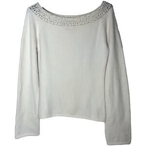 Bebe Ivory Angora Blend Crochet Crew Neck Long Sleeve Sweater Size L